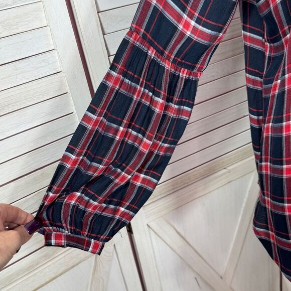 Loft Plaid Lightweight Bishop Sleeve Button Up Tunic Shirt Blue Red Small - Picture 8 of 14